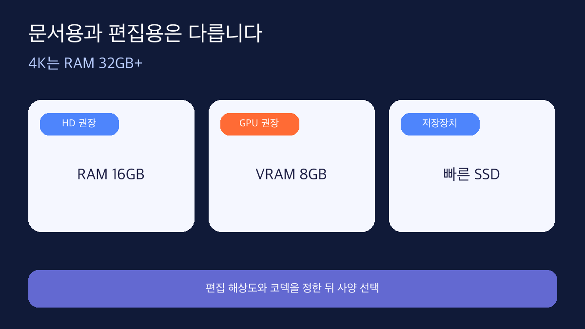 영상편집 노트북 사양 2026 HD 4K 비교