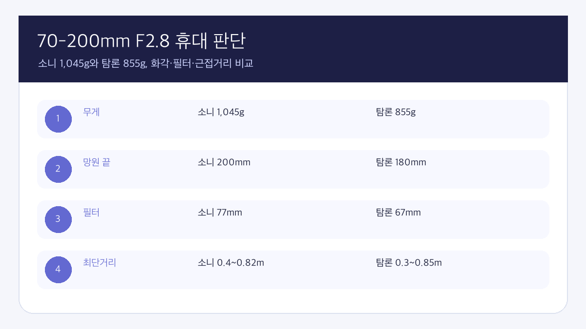 소니 SEL70200GM2와 탐론 70-180mm F2.8 G2 무게 화각 비교 인포그래픽