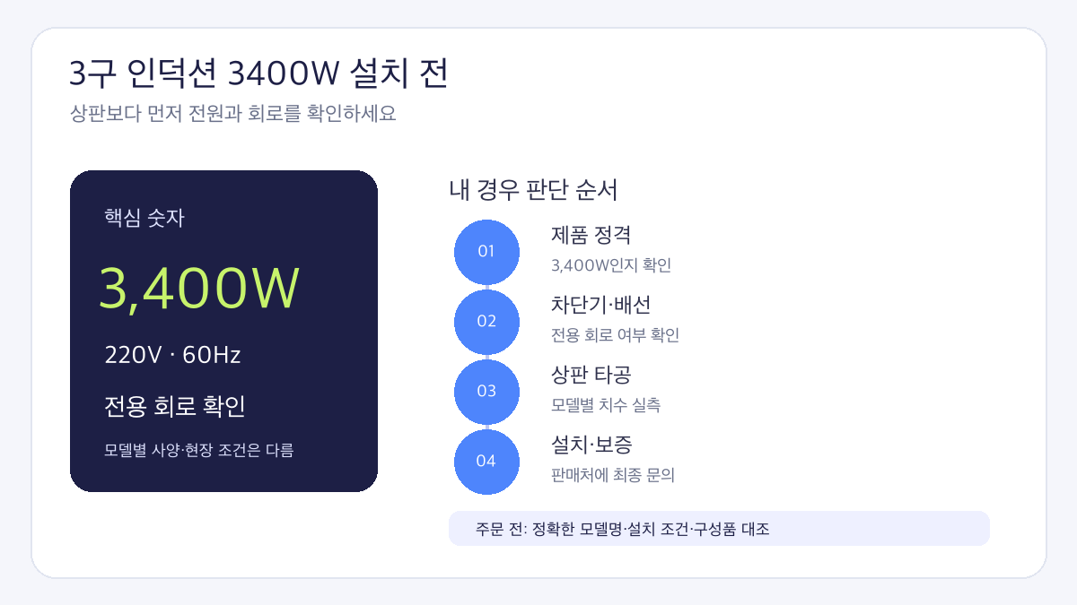 3구 인덕션 3400W 전용회로 설치 전원과 설치 순서 인포그래픽