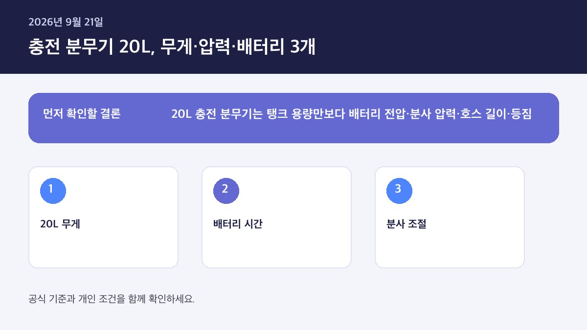 충전 분무기 20L 작업시간 — 핵심 판단 인포그래픽